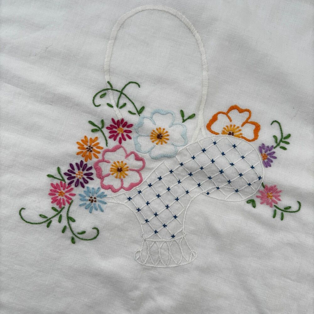 Embroidered Quilted Vintage Square Tablecloth 32x34 Heirloom Cottage